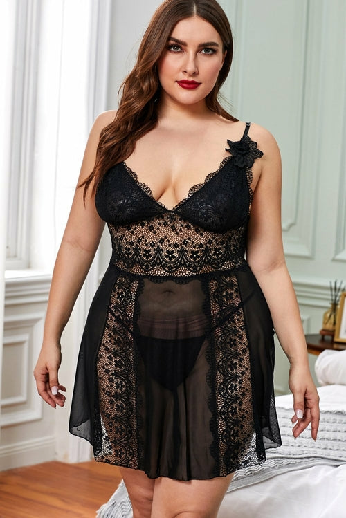 Nuisette grande taille en patchwork de gaze et dentelle Livraison 15 à 30 jours