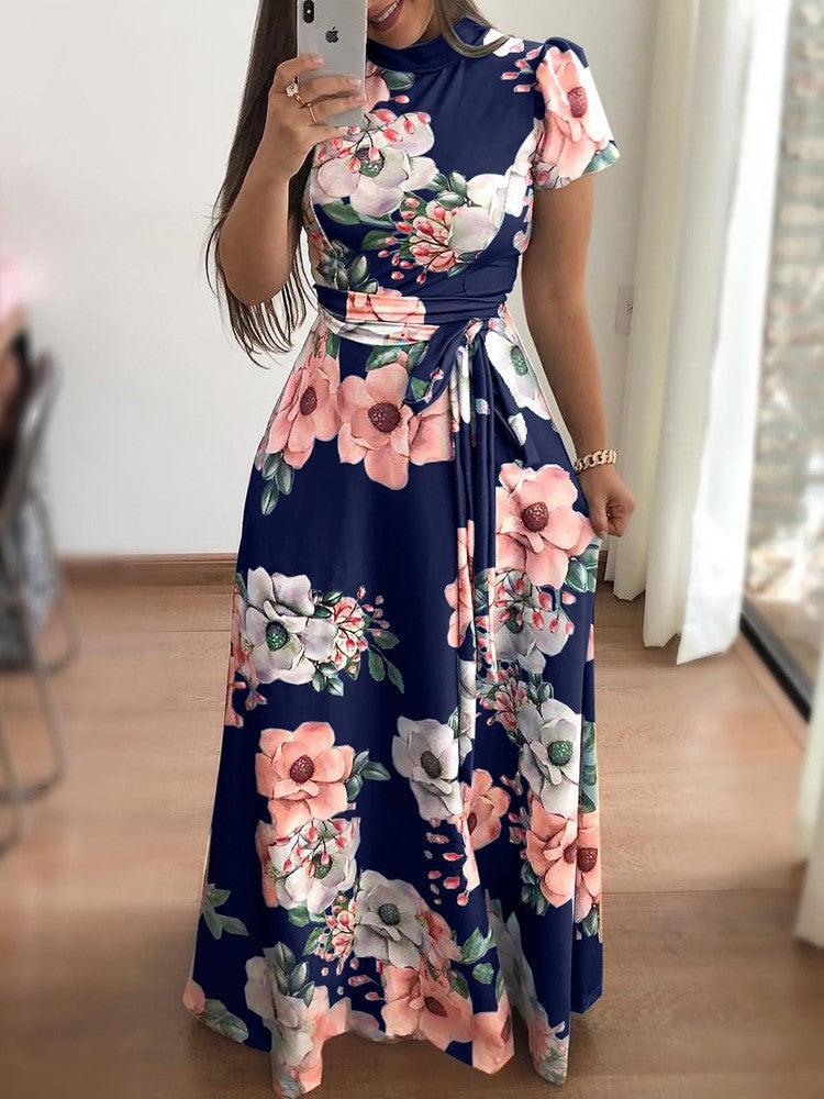 WISH Amazon – robe trapèze à manches courtes, Style européen et américain, imprimé floral, vêtements pour femmes, nouvelle collection automne 2019