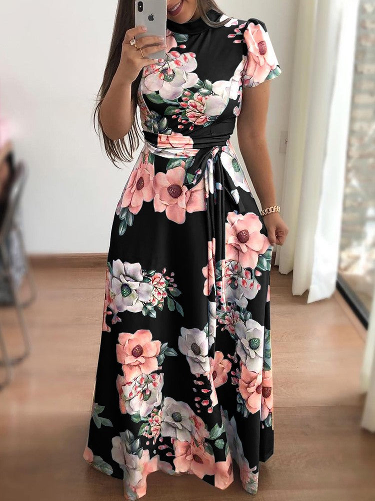 WISH Amazon – robe trapèze à manches courtes, Style européen et américain, imprimé floral, vêtements pour femmes, nouvelle collection automne 2019