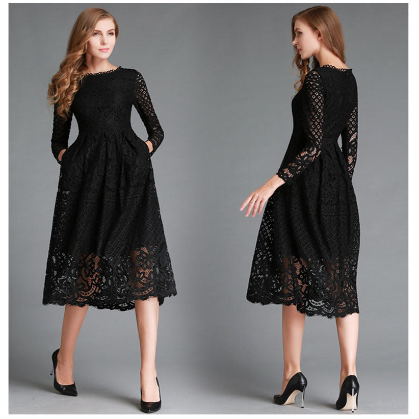 Robe mi-longue en dentelle, col rond, ajourée, Simple, manches longues, Slim, nouvelle collection automne