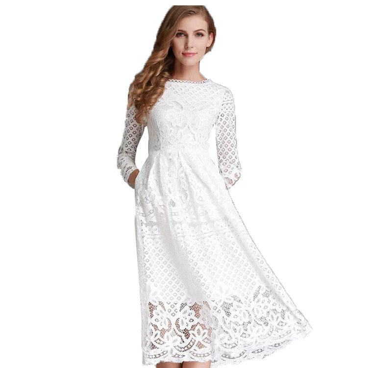 Robe mi-longue en dentelle, col rond, ajourée, Simple, manches longues, Slim, nouvelle collection automne