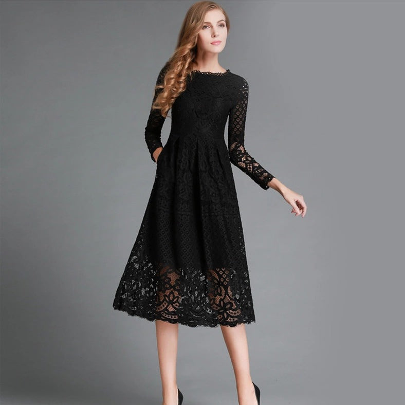 Robe mi-longue en dentelle, col rond, ajourée, Simple, manches longues, Slim, nouvelle collection automne