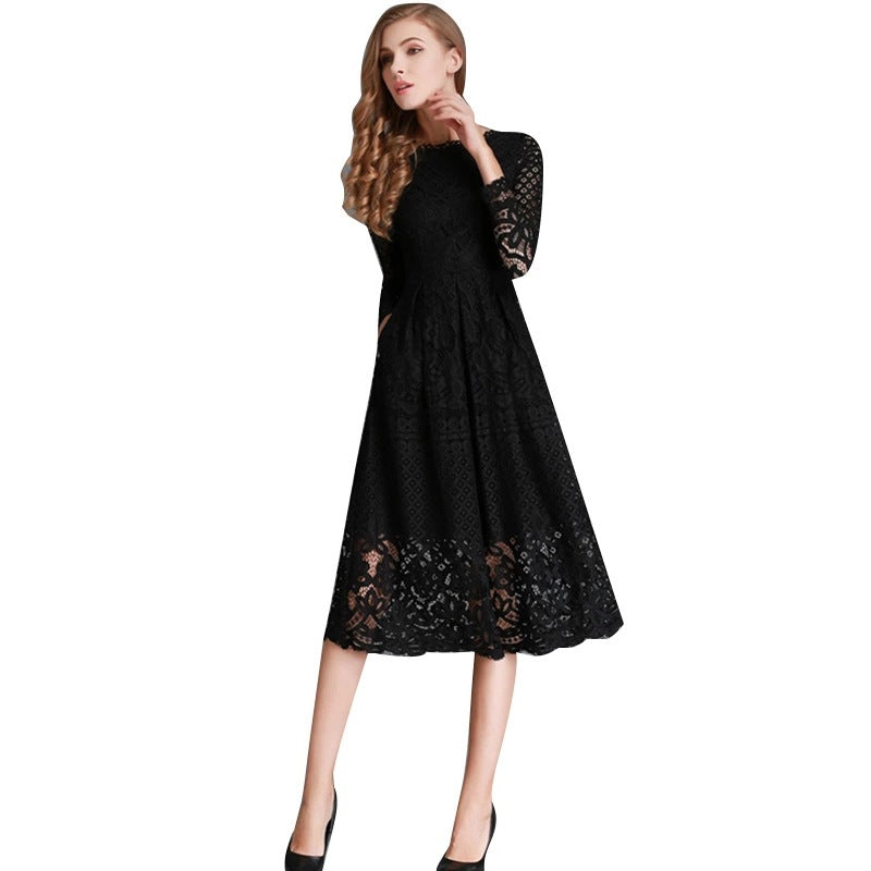 Robe mi-longue en dentelle, col rond, ajourée, Simple, manches longues, Slim, nouvelle collection automne