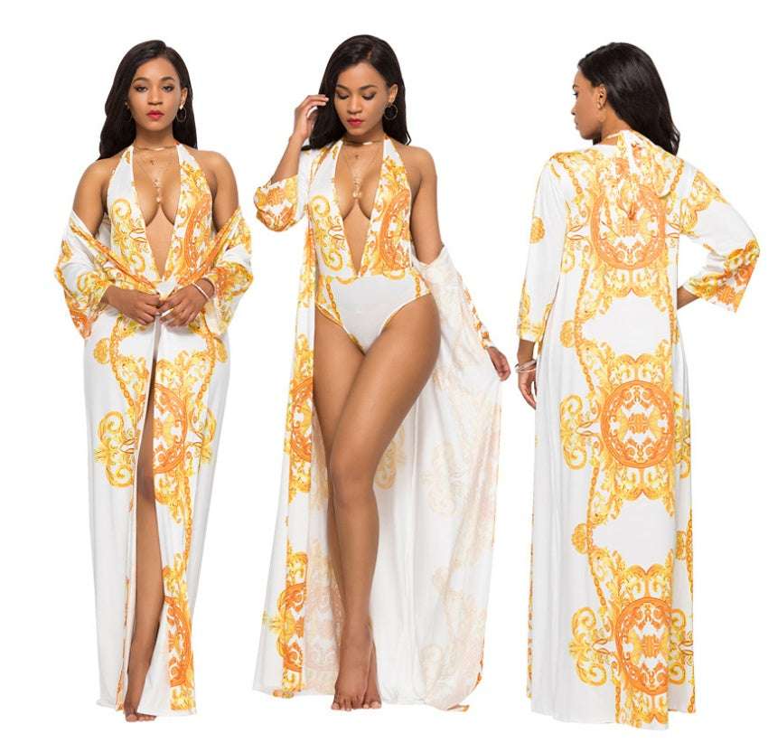 One-piece swimsuit with printed cape