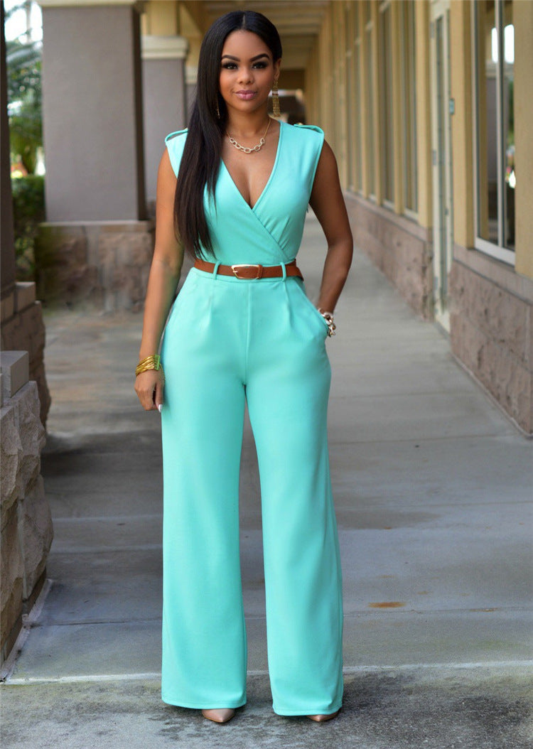 Sexy Wish Pantalon taille haute à col en V et jambes larges, costume irrégulier avec ceinture