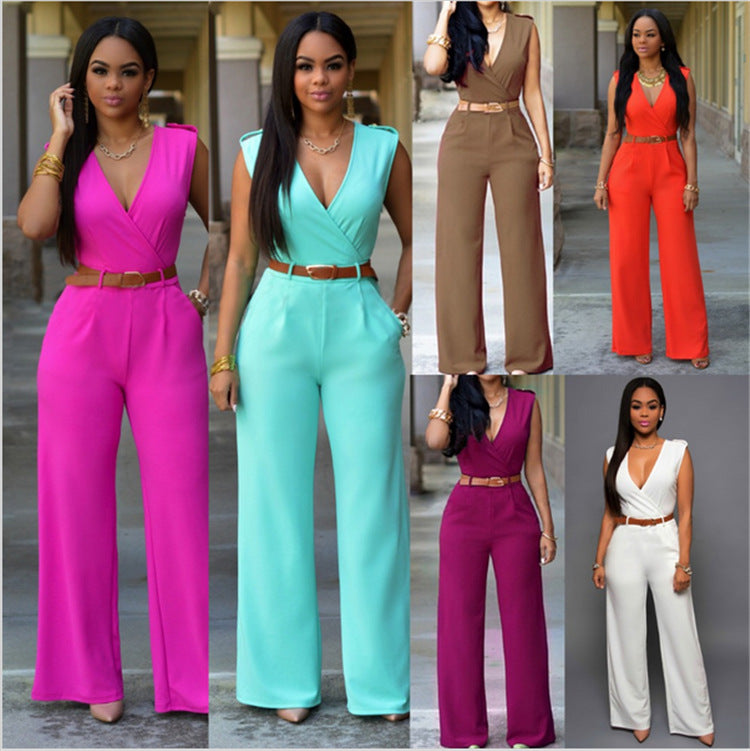 Sexy Wish Pantalon taille haute à col en V et jambes larges, costume irrégulier avec ceinture