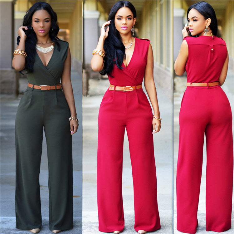 Sexy Wish Pantalon taille haute à col en V et jambes larges, costume irrégulier avec ceinture