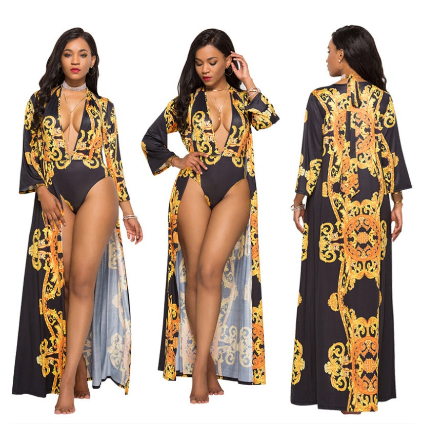 One-piece swimsuit with printed cape