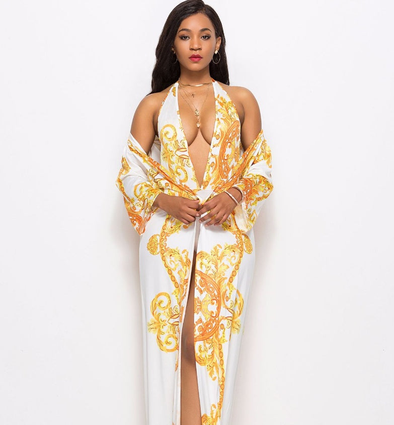 One-piece swimsuit with printed cape