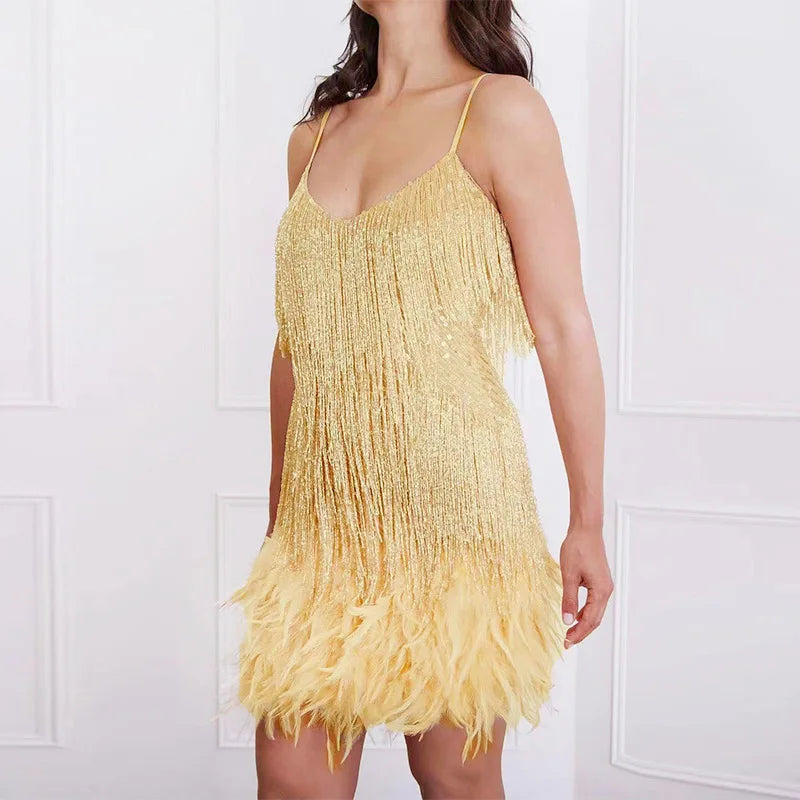 Mini Robe de Cocktail Dorée à Paillettes et Plumes pour Femme