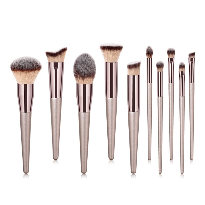 Lot de 10 pinceaux de maquillage couleur champagne pour fond de teint, poudre, blush, fard à paupières