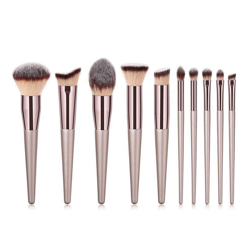 Lot de 10 pinceaux de maquillage couleur champagne pour fond de teint, poudre, blush, fard à paupières