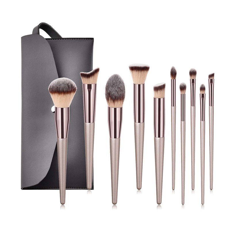 Lot de 10 pinceaux de maquillage couleur champagne pour fond de teint, poudre, blush, fard à paupières