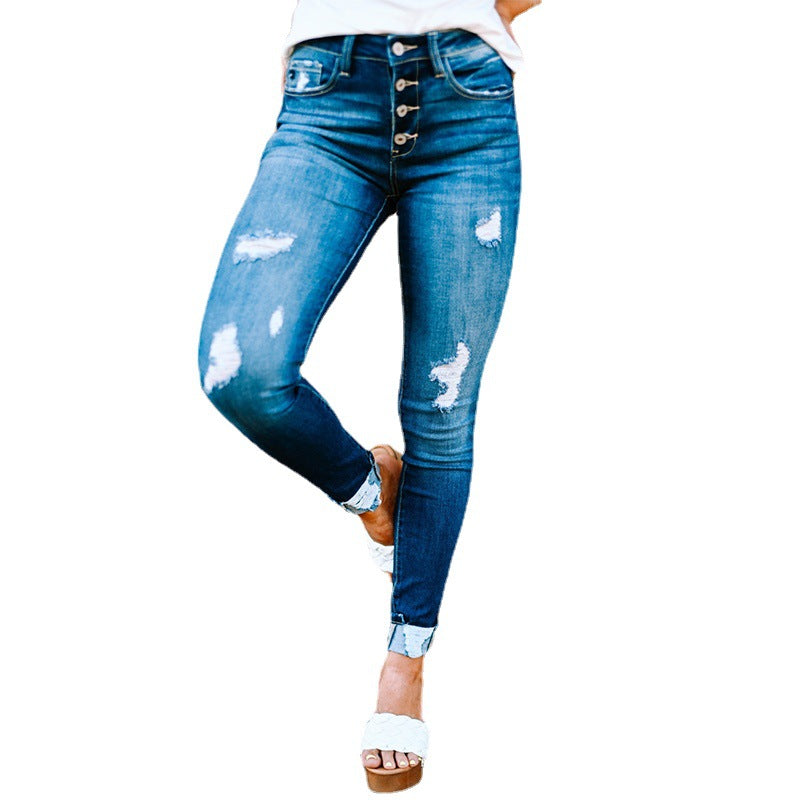 Jean slim déchiré pour femme, pantalon crayon délavé à boutonnage, décontracté, nouveau Style, vente directe d'usine, automne 2022