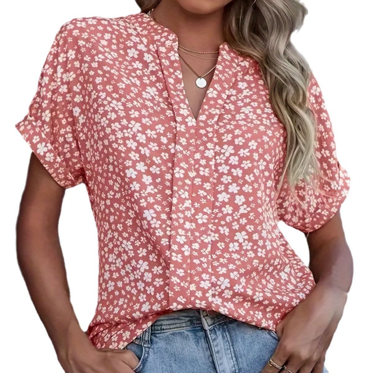 Chemise décontractée plissée à col en V et manches courtes, petite chemise florale