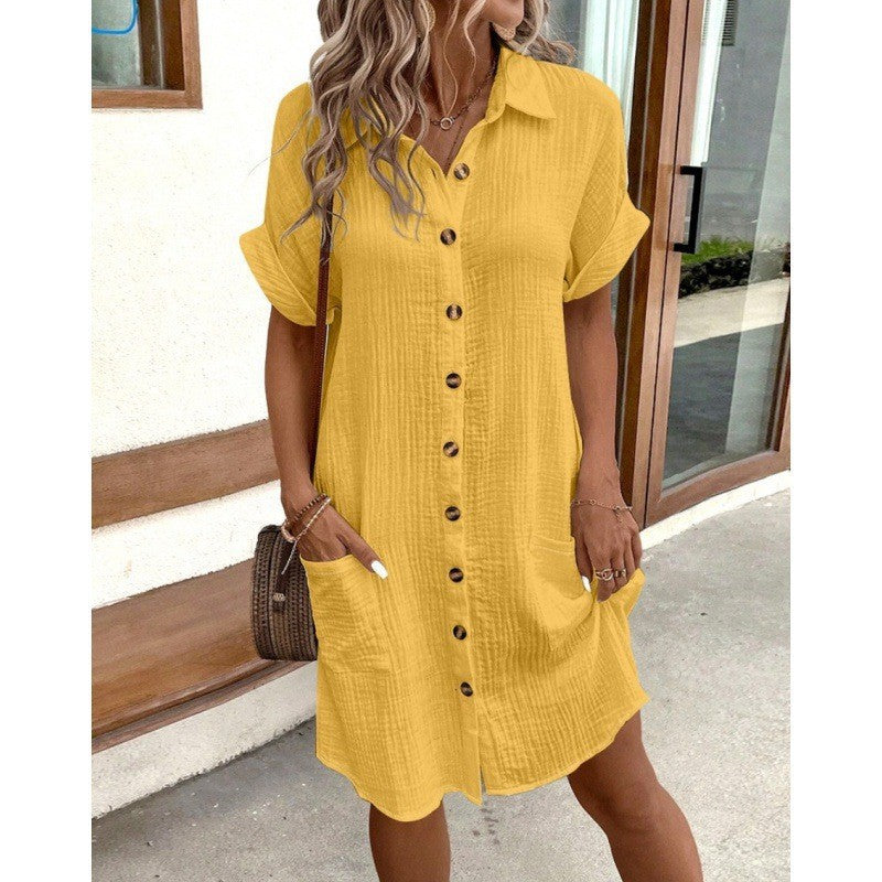 Robe d'été Simple en coton et lin, col en v, boutons, chemise pour femmes