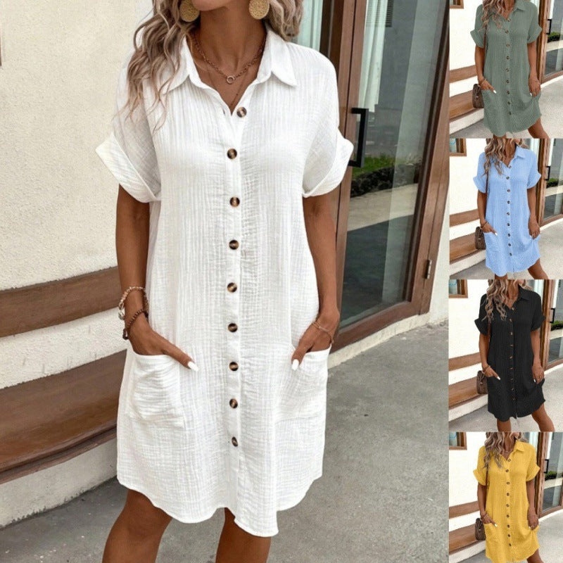 Robe d'été Simple en coton et lin, col en v, boutons, chemise pour femmes