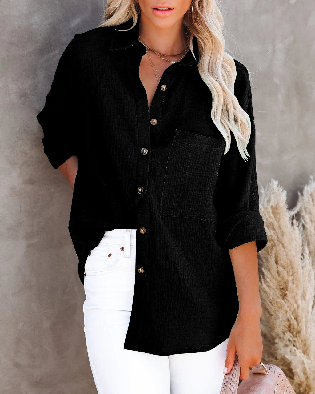 AliExpress Wish Amazon – chemise Simple à manches longues, col en v, boutons, en coton et lin, pour femmes, automne 2022