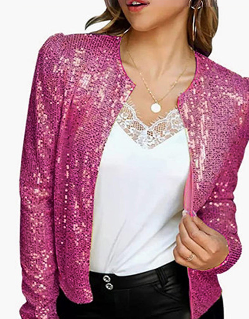 2023 printemps transfrontalier nouvelle mode européenne et américaine mode col montant couleur unie manteau à paillettes court décontracté polyvalent petit manteau
