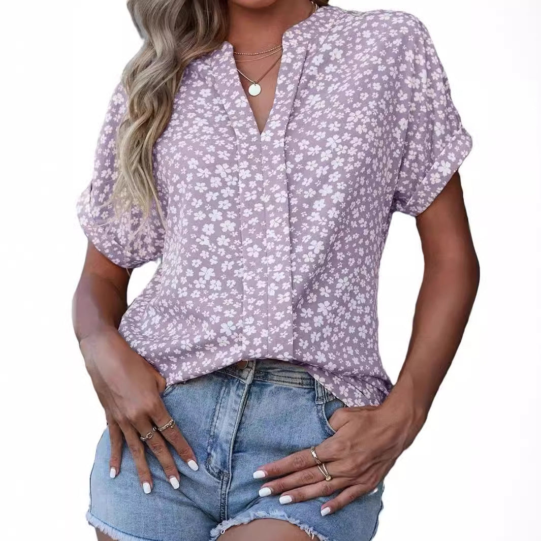 Chemise décontractée plissée à col en V et manches courtes, petite chemise florale