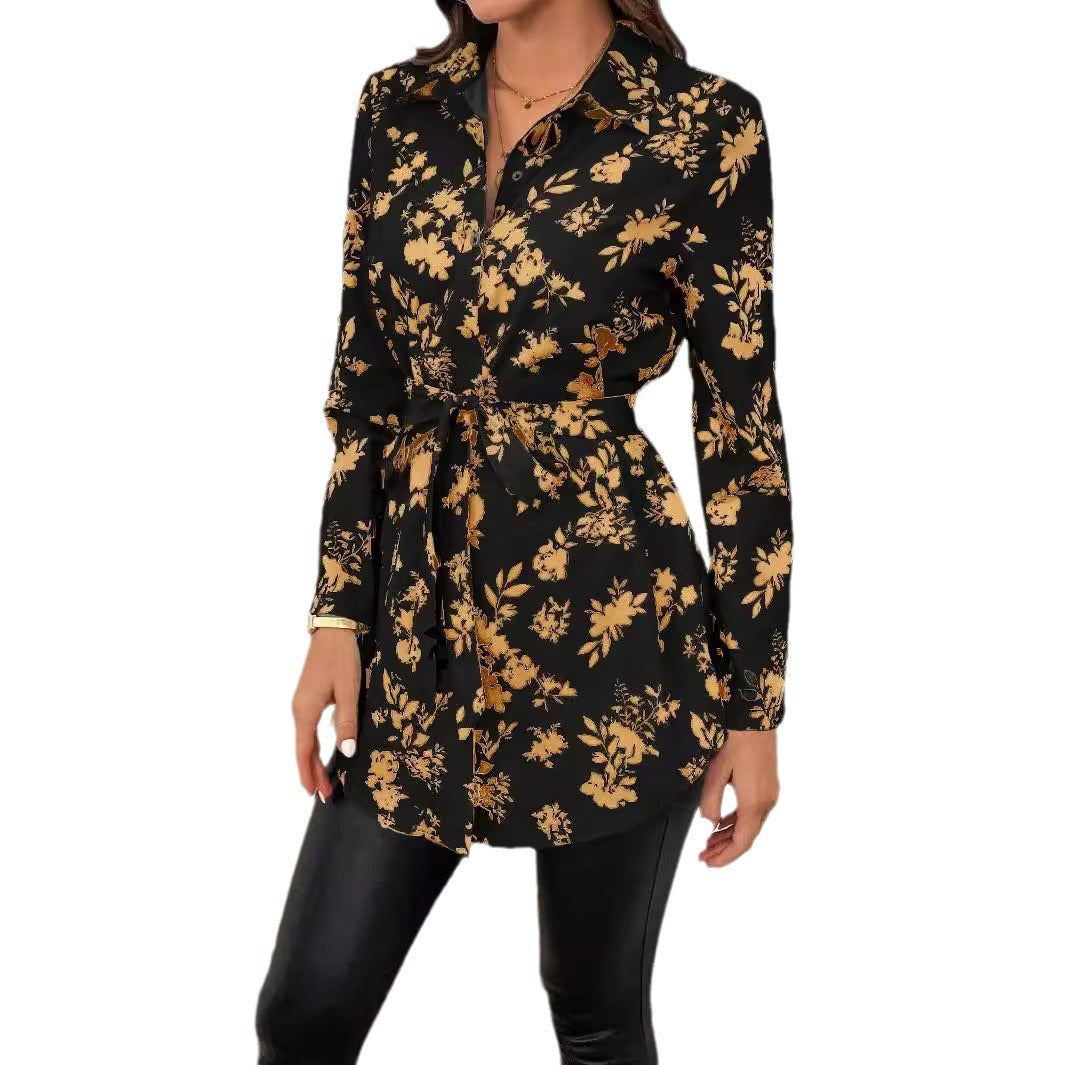 Nouvelle chemise à manches longues avec ceinture imprimée florale pour femmes élégantes pour l'automne et l'hiver