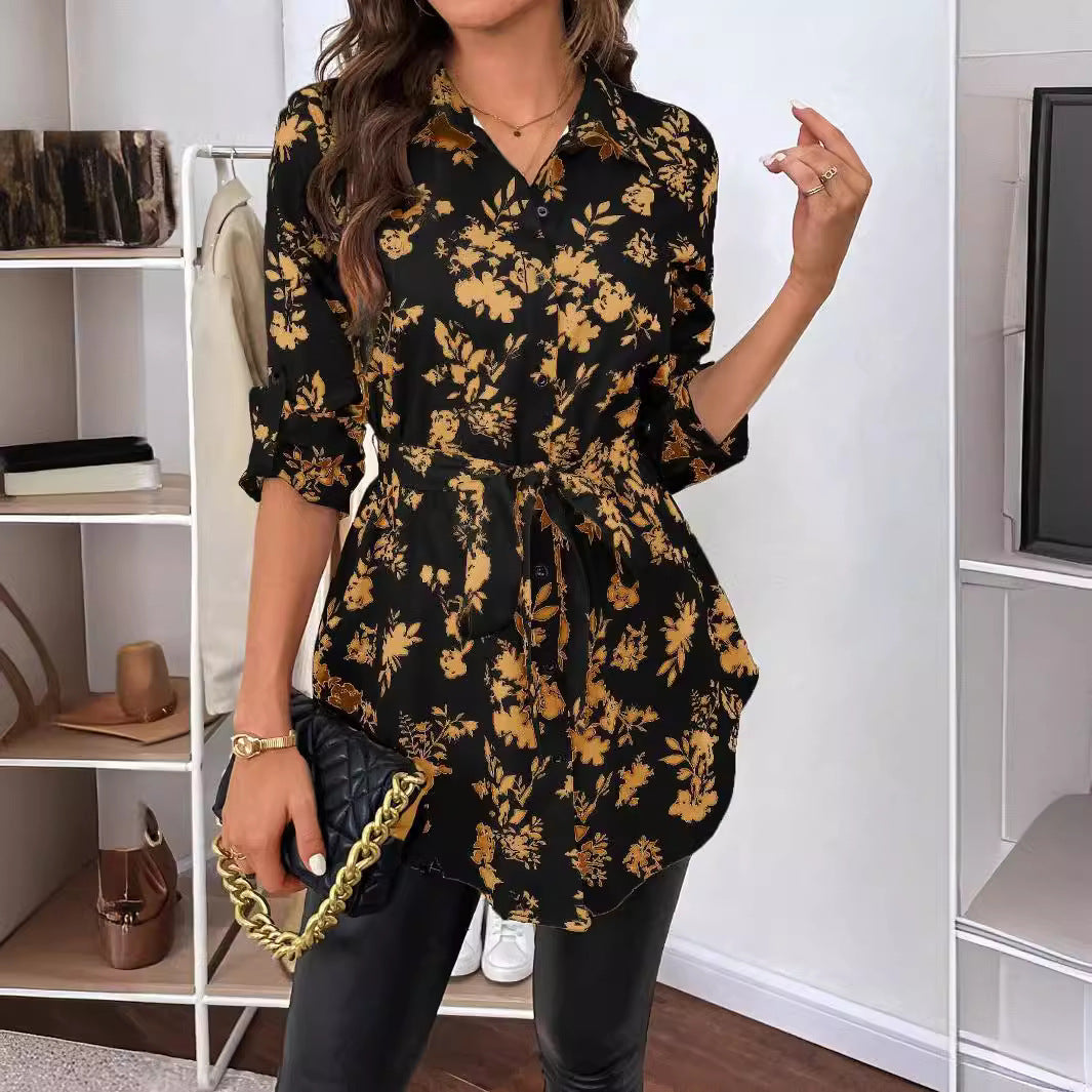 Nouvelle chemise à manches longues avec ceinture imprimée florale pour femmes élégantes pour l'automne et l'hiver