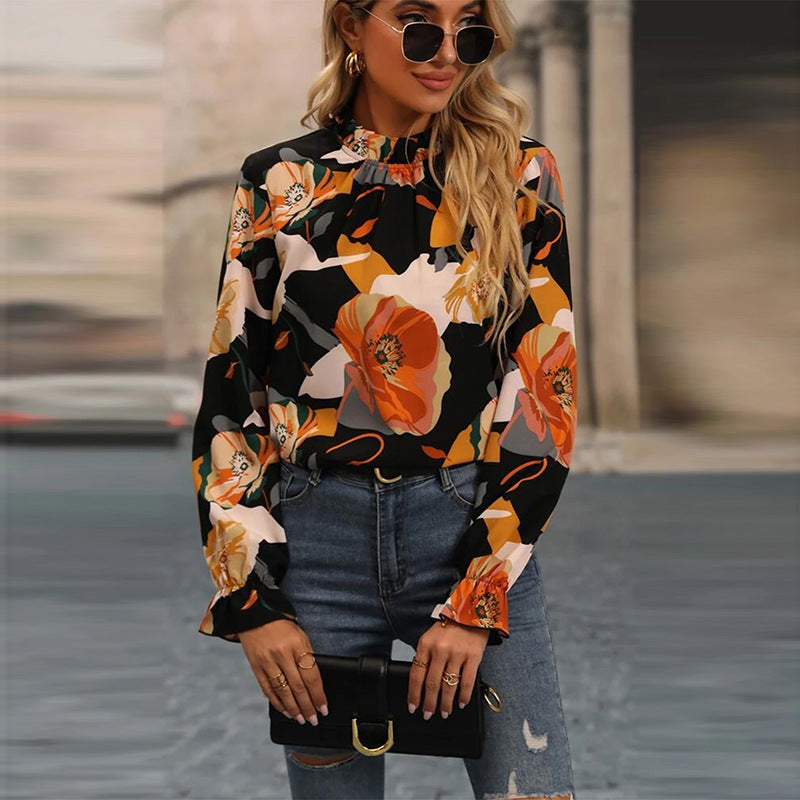 Shiying Automne Mince Pull Imprimé Floral Pour Les Femmes 2024 Tempérament Transfrontalier Européen Et Américain Banlieusard Couleur Contrastée Chemise En Mousseline De Soie Pour Les Femmes