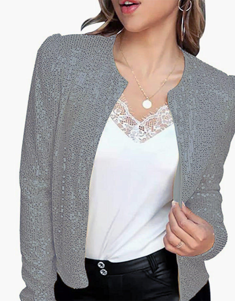 2023 printemps transfrontalier nouvelle mode européenne et américaine mode col montant couleur unie manteau à paillettes court décontracté polyvalent petit manteau