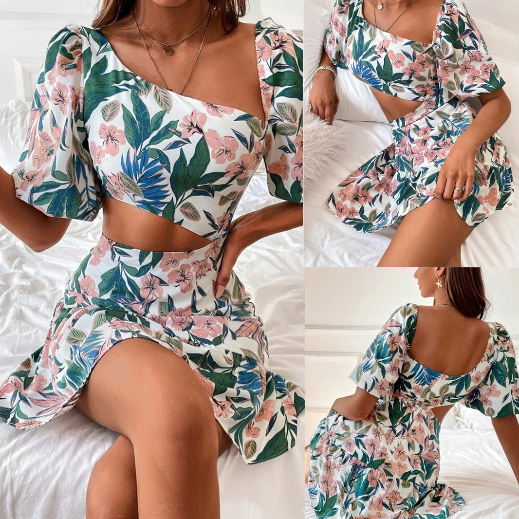 Nouveaux vêtements pour femmes printemps et été épaule Oblique manches bouffantes taille exposée robe