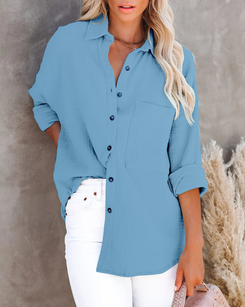 AliExpress Wish Amazon – chemise Simple à manches longues, col en v, boutons, en coton et lin, pour femmes, automne 2022