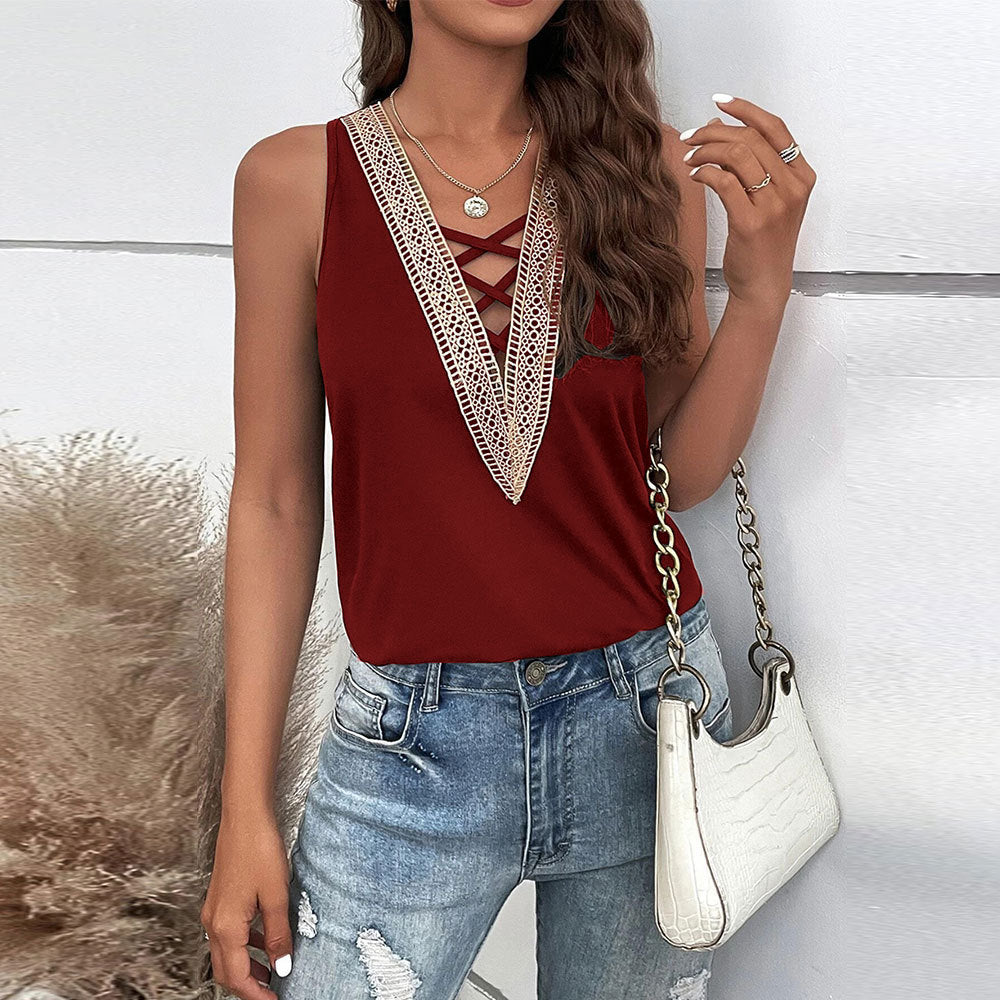2023 printemps et été transfrontalier Amazon vêtements pour femmes Sexy creux col en v sans manches gilet décontracté ample dessus de couleur unie TOP