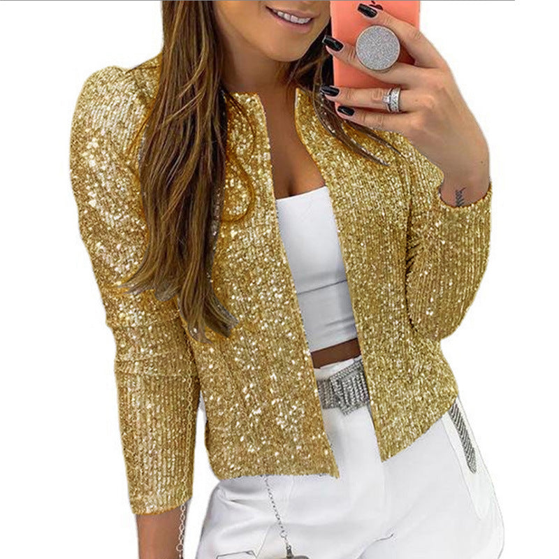 2023 printemps transfrontalier nouvelle mode européenne et américaine mode col montant couleur unie manteau à paillettes court décontracté polyvalent petit manteau