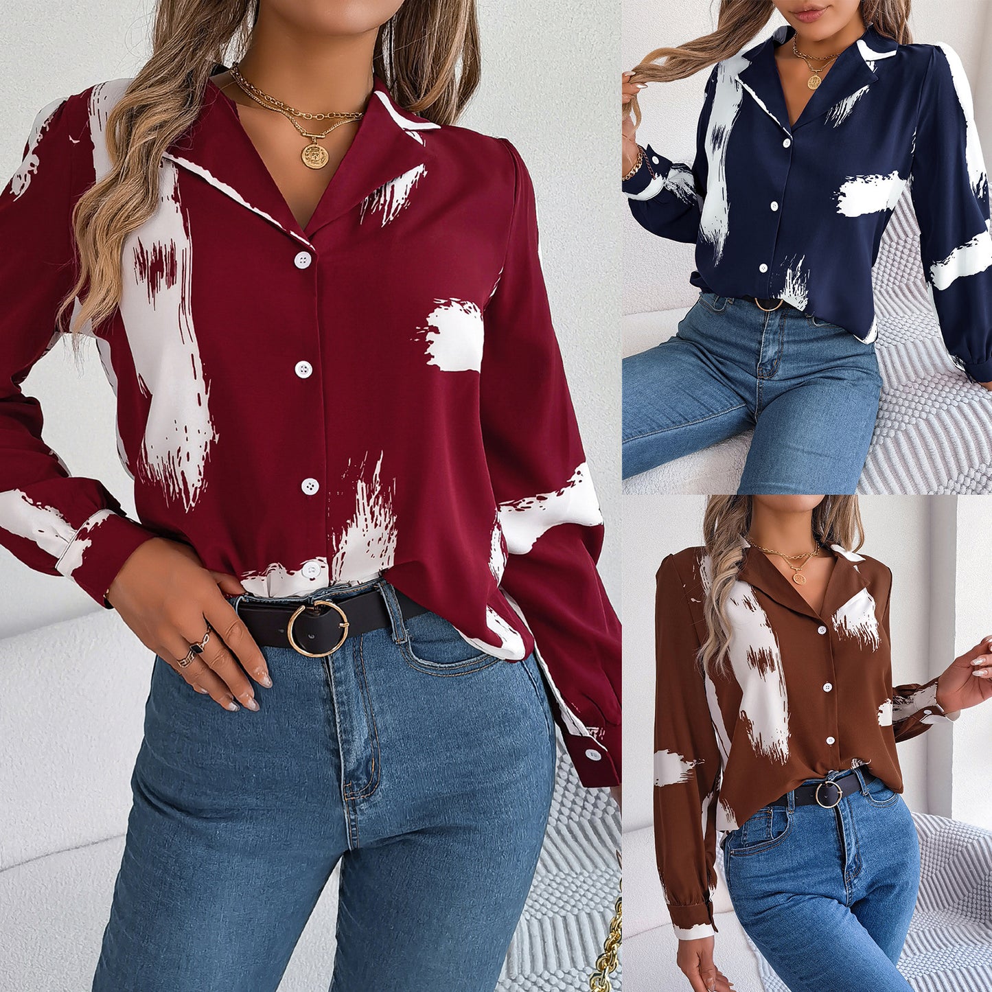 Ins Style Real Shot Printemps Et Été Tempérament Européen Et Américain Couleur Contraste Rayure Costume Col Chemise À Manches Longues Vêtements Pour Femmes