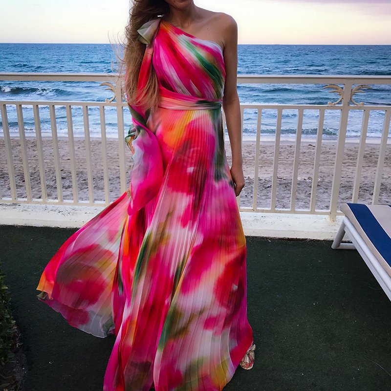 Robe plissée à taille plissée pour femmes, nouveaux produits d'été transfrontaliers européens et américains, mode pièce unique, imprimé arc-en-ciel, 2022