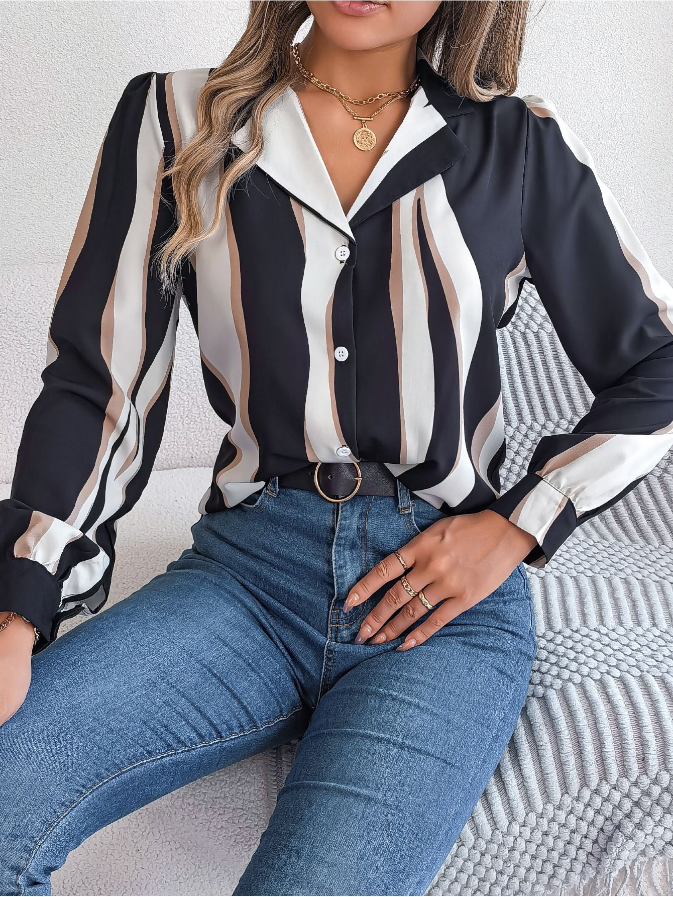 Printemps et été européen et américain décontracté tout-match couleur contrastée rayé costume col à manches longues chemise