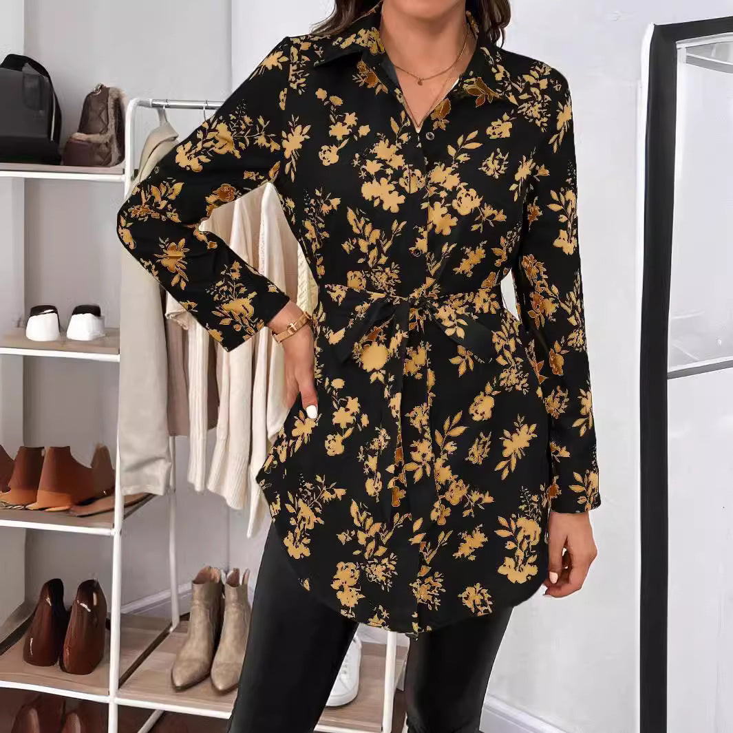 Nouvelle chemise à manches longues avec ceinture imprimée florale pour femmes élégantes pour l'automne et l'hiver