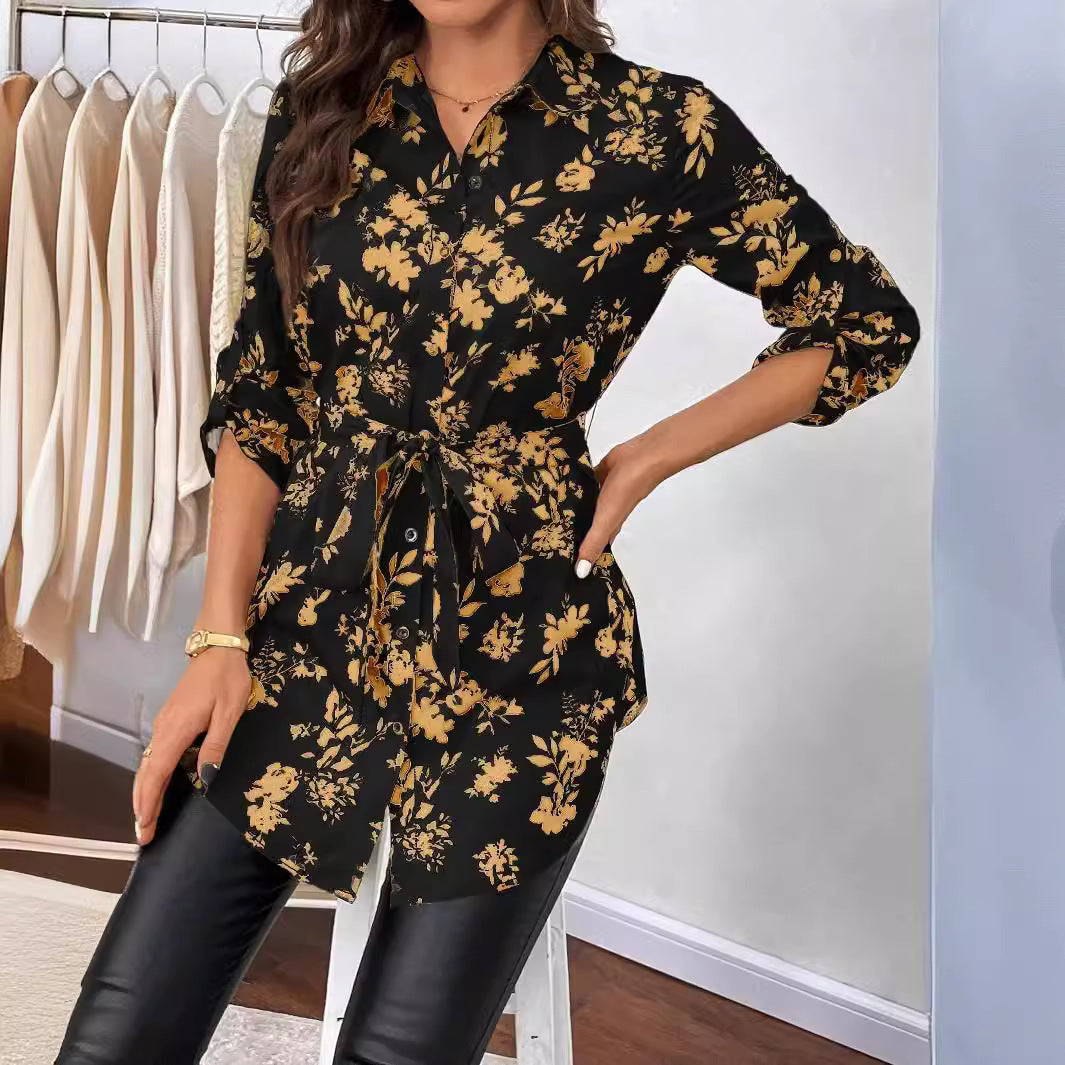 Nouvelle chemise à manches longues avec ceinture imprimée florale pour femmes élégantes pour l'automne et l'hiver