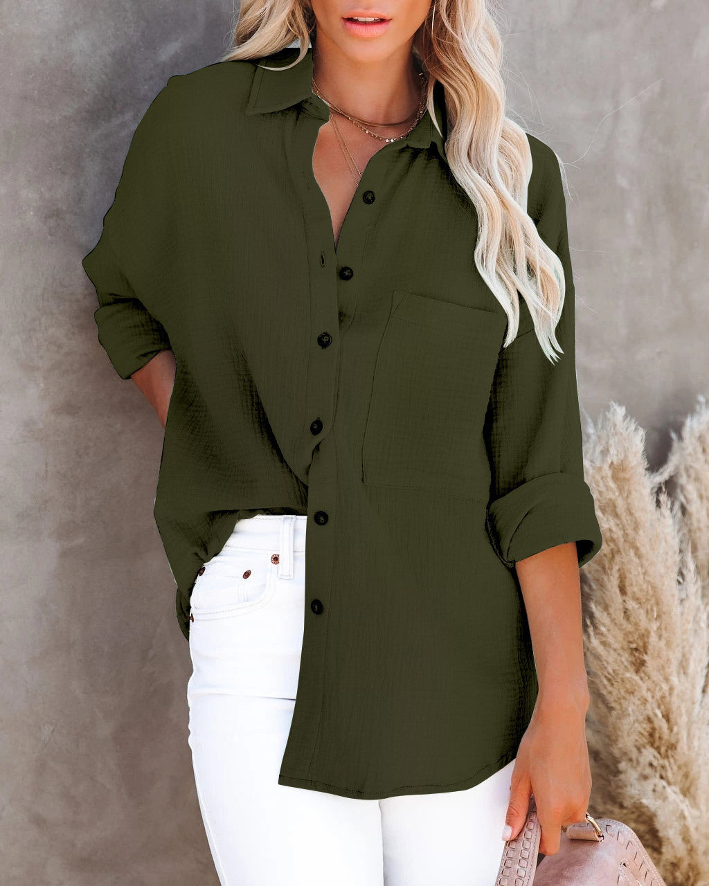 AliExpress Wish Amazon – chemise Simple à manches longues, col en v, boutons, en coton et lin, pour femmes, automne 2022