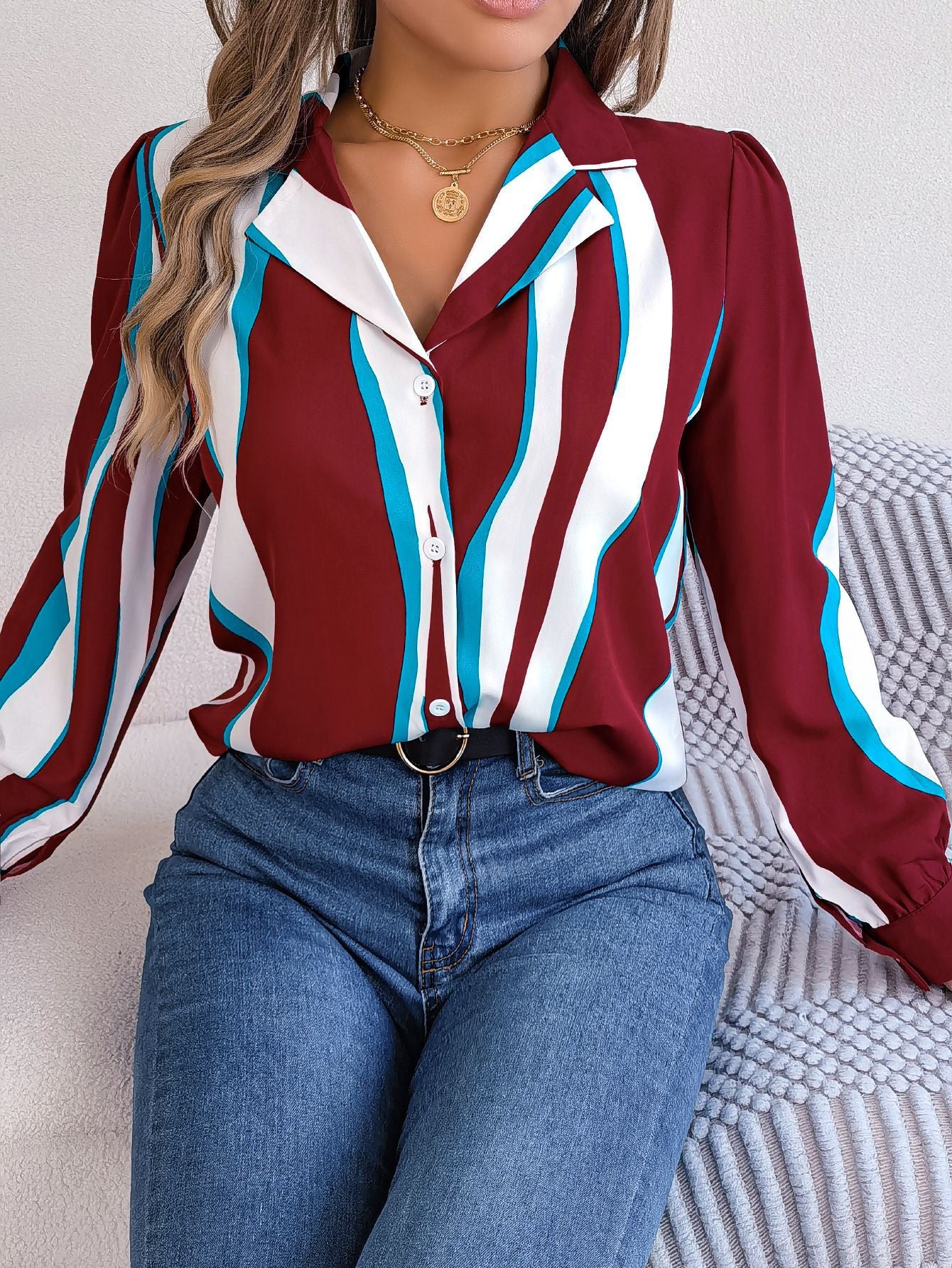 Printemps et été européen et américain décontracté tout-match couleur contrastée rayé costume col à manches longues chemise