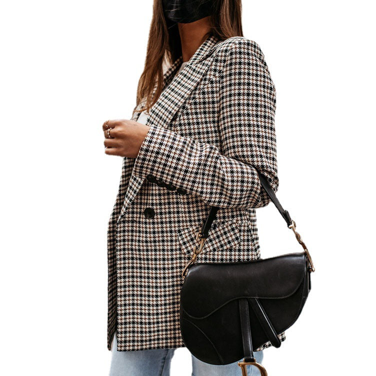2021 Station indépendante du commerce extérieur transfrontalier automne et hiver nouveau revers à double boutonnage imprimé tempérament à carreaux petit costume pour les femmes