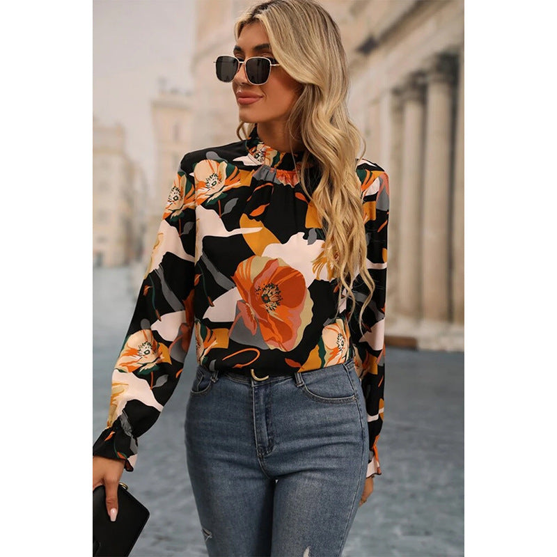 Shiying Automne Mince Pull Imprimé Floral Pour Les Femmes 2024 Tempérament Transfrontalier Européen Et Américain Banlieusard Couleur Contrastée Chemise En Mousseline De Soie Pour Les Femmes