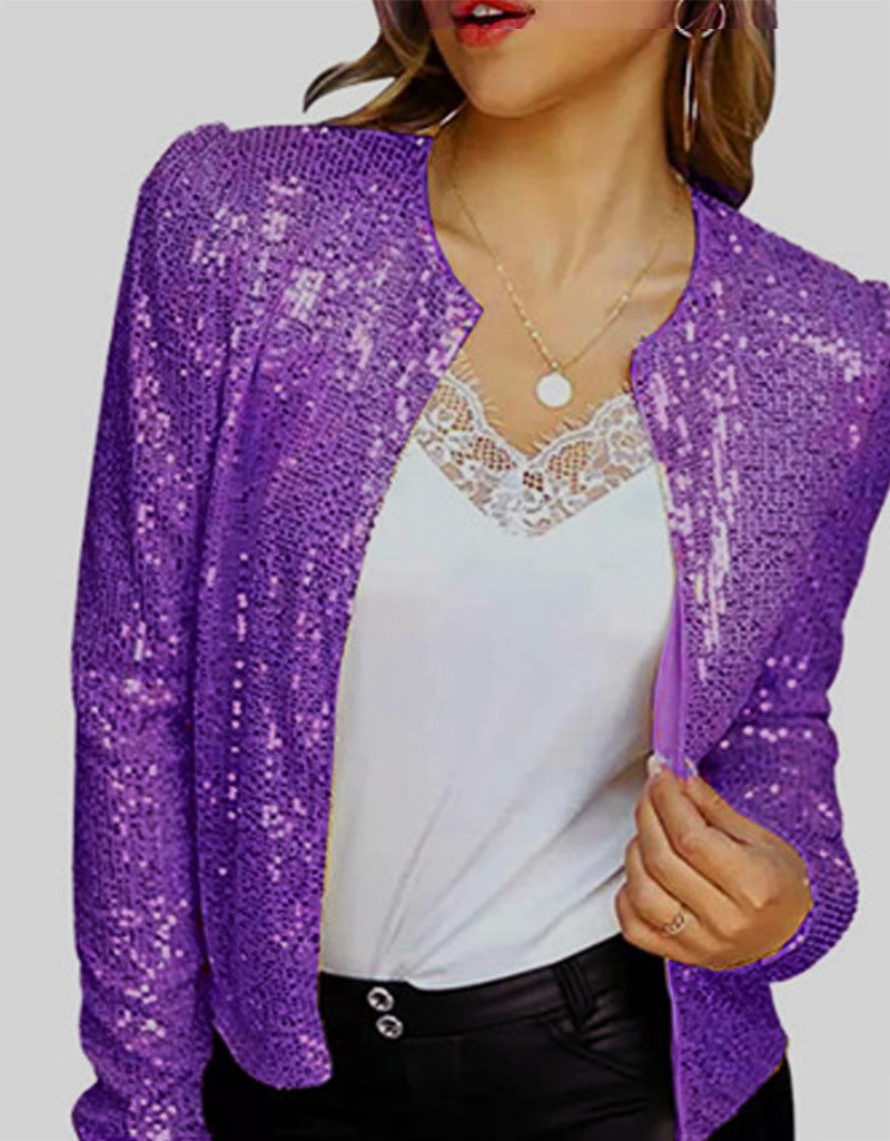 2023 printemps transfrontalier nouvelle mode européenne et américaine mode col montant couleur unie manteau à paillettes court décontracté polyvalent petit manteau