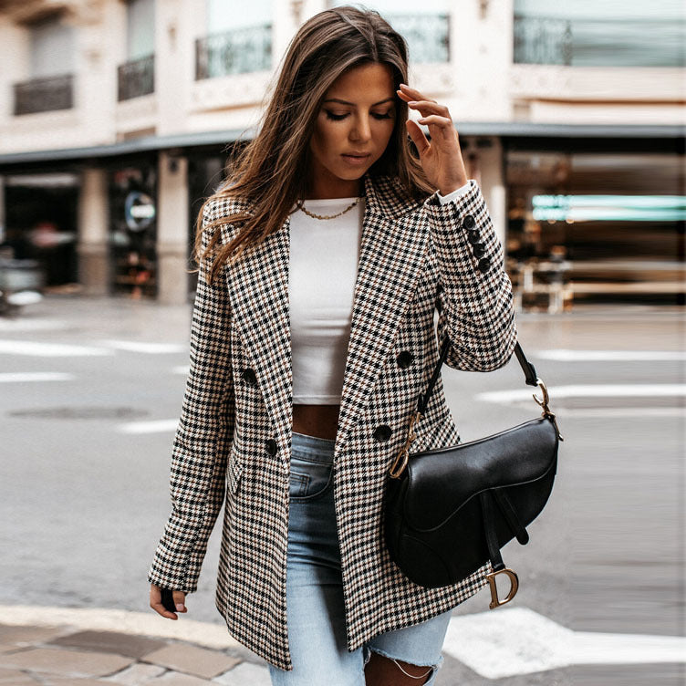 2021 Station indépendante du commerce extérieur transfrontalier automne et hiver nouveau revers à double boutonnage imprimé tempérament à carreaux petit costume pour les femmes