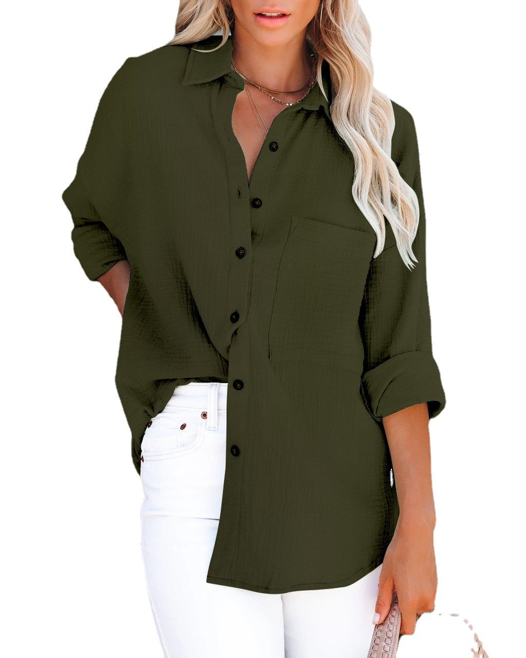 AliExpress Wish Amazon – chemise Simple à manches longues, col en v, boutons, en coton et lin, pour femmes, automne 2022