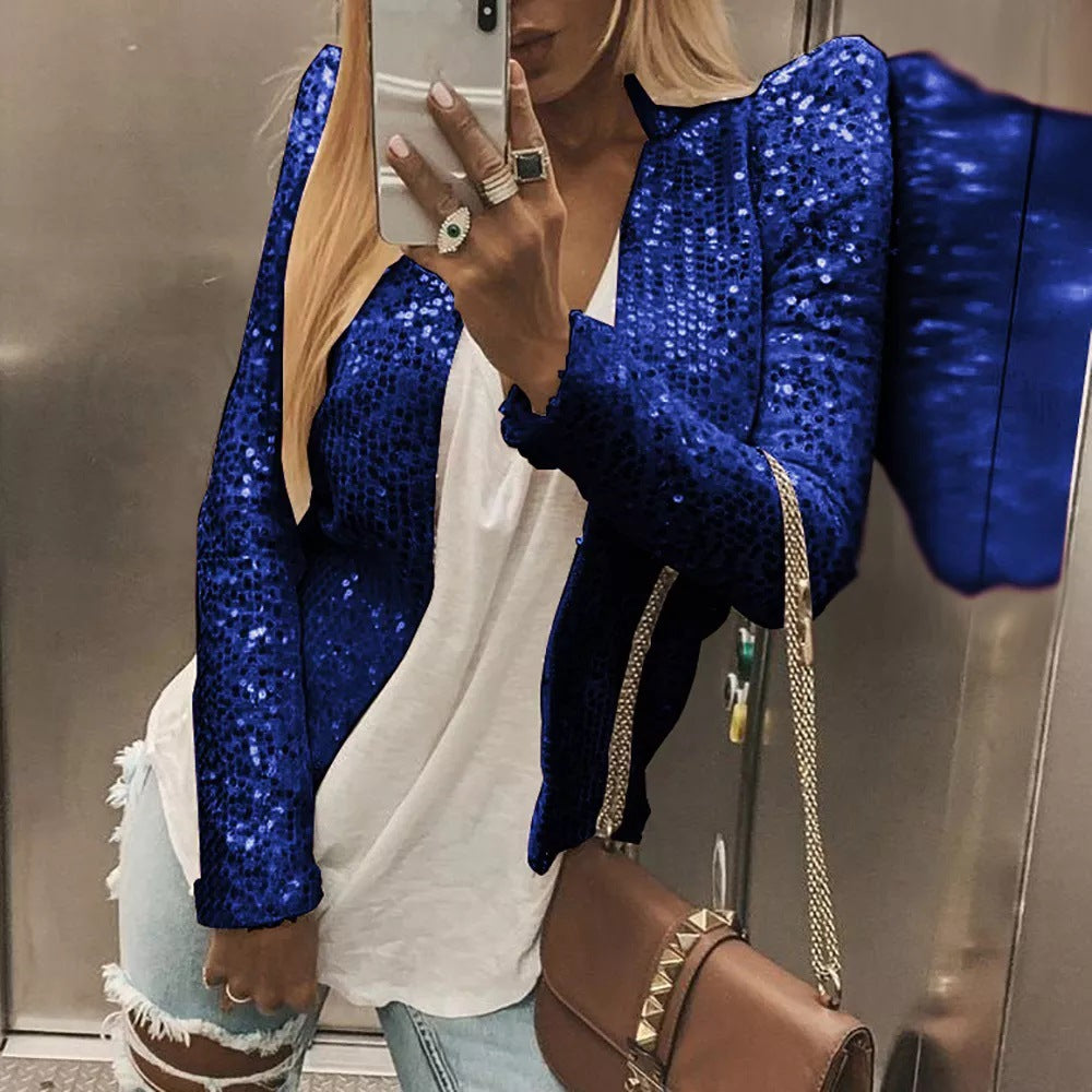 2023 printemps transfrontalier nouvelle mode européenne et américaine mode col montant couleur unie manteau à paillettes court décontracté polyvalent petit manteau