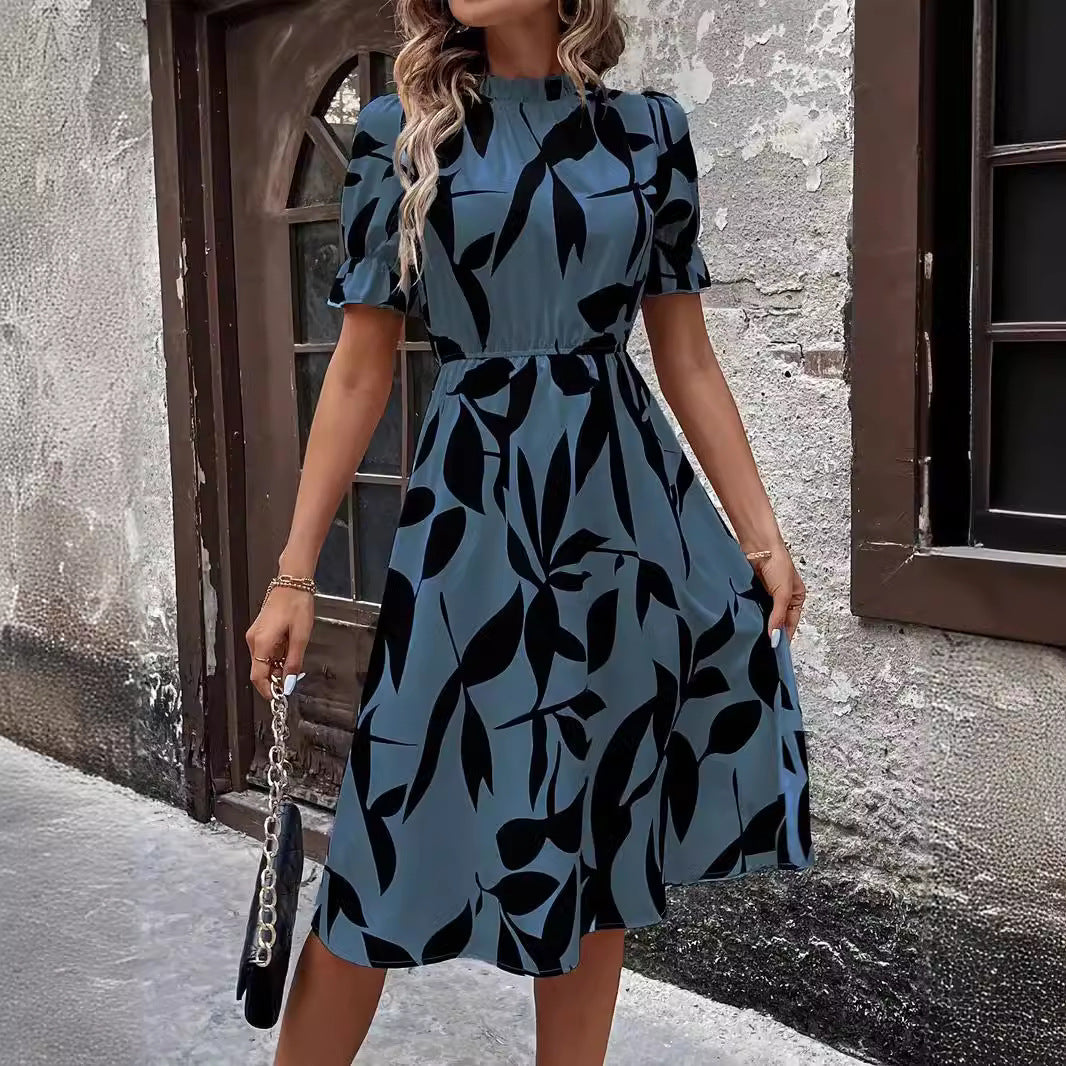 Robe à manches courtes, imprimé plante à volants, grande jupe à la taille, explosions d'europe et d'amérique