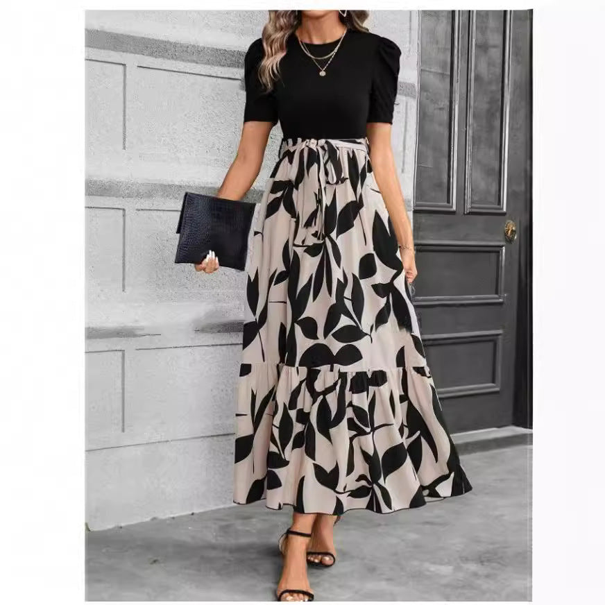Robe à col ras du cou pour femmes, vêtements de printemps et d'été, impression de fleurs, robe élégante
