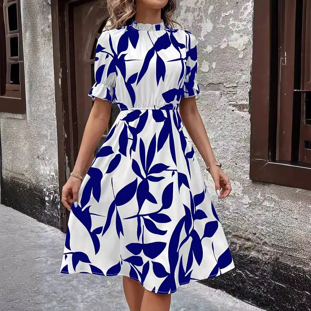 Robe à manches courtes, imprimé plante à volants, grande jupe à la taille, explosions d'europe et d'amérique