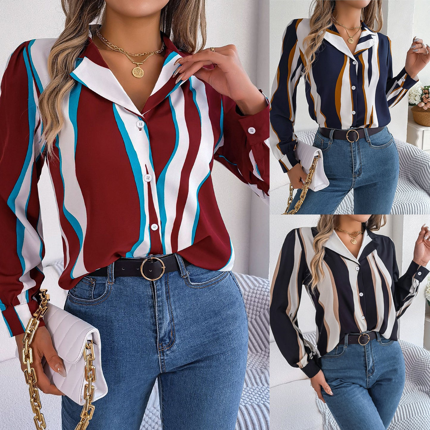 Printemps et été européen et américain décontracté tout-match couleur contrastée rayé costume col à manches longues chemise