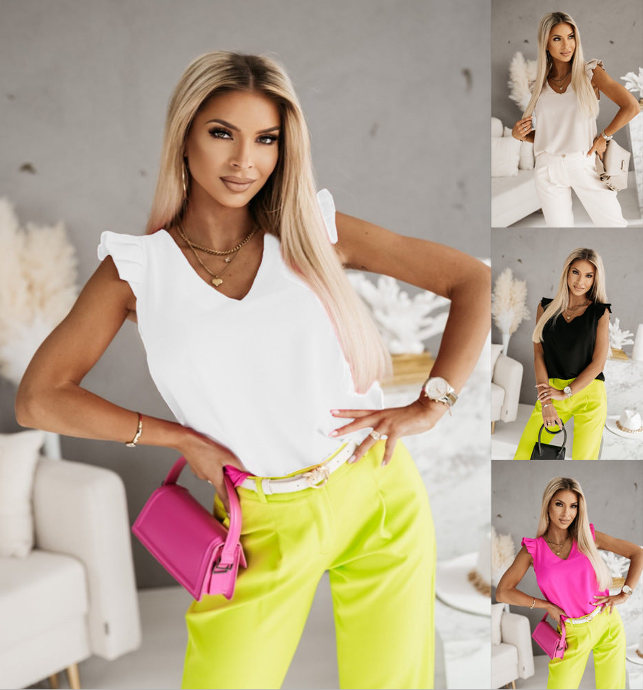 Style chaud été Simple col en v à volants à manches courtes chemise hauts pour les femmes